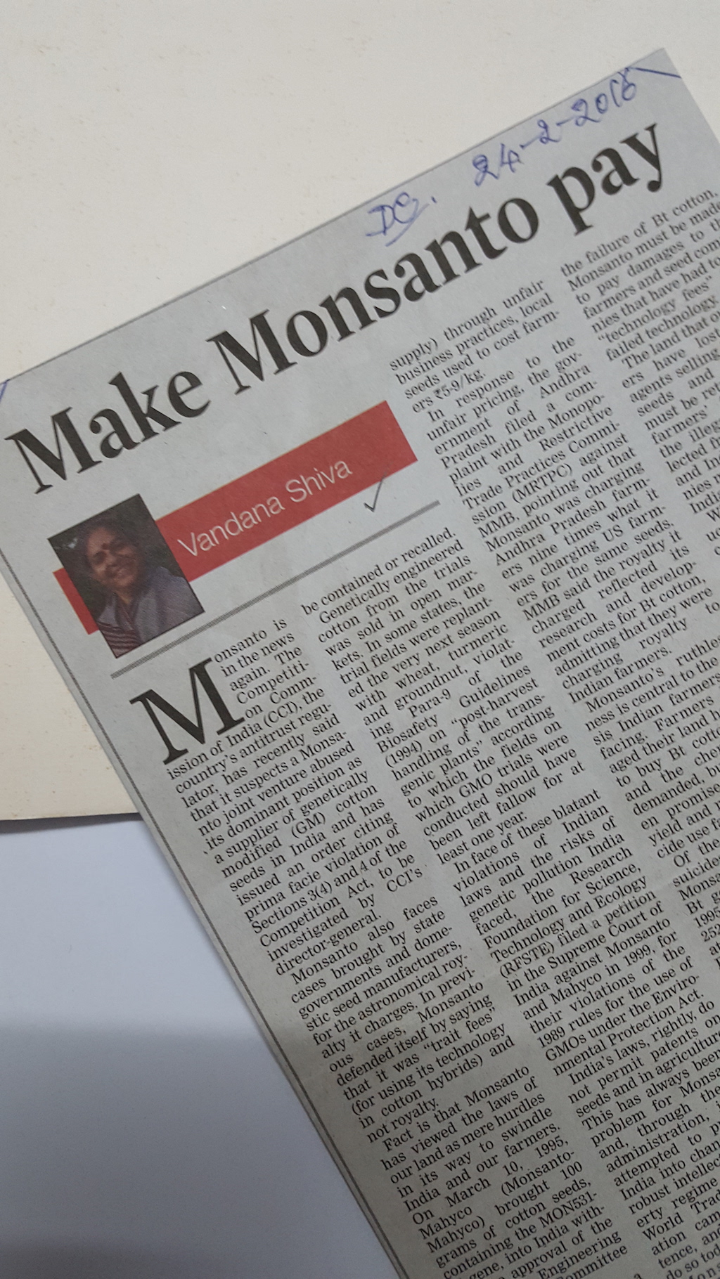 ಮೊನ್ಸಾಂಟೊ ಬೀಜಕಂಪೆನಿ ಪರಿಹಾರ ಪಾವತಿಸಲಿ